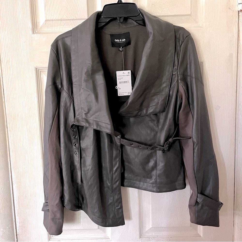 Ookie & Lala Moto Faux Leather Jacket Stylish Olive Green Color Size Small.